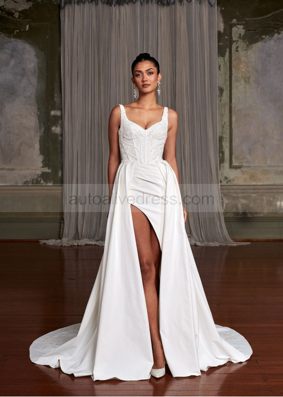 Beaded Ivory Lace Satin Slit Wedding Dress With Detachable Skirt